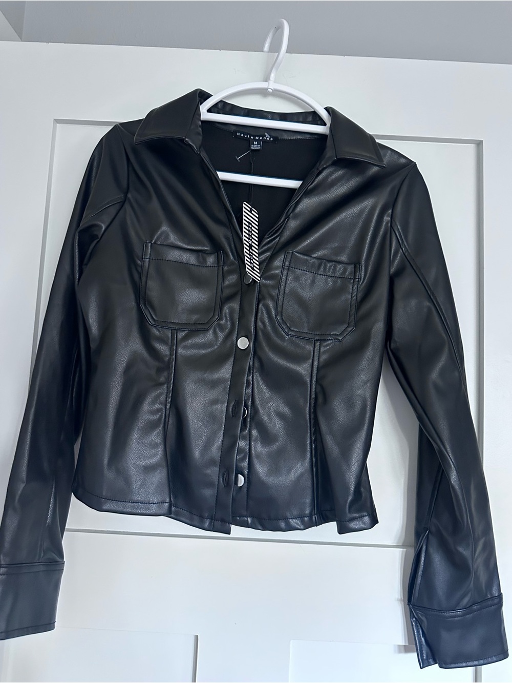 Haute Monde Black Faux Leather Snap Front Jacket